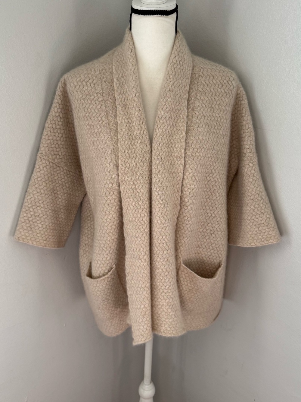 Garnet Hill Oversized Cashmere Kimono Open Front Cardigan Sweater Medium Tan